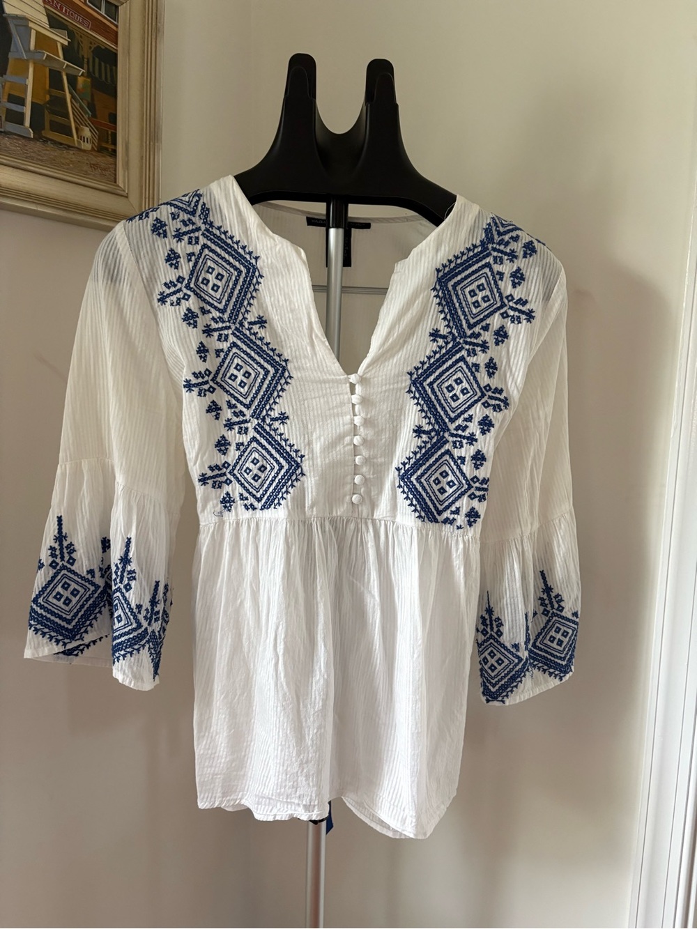 Marina Luna White Tunic with Blue Geometric Embroidery L Cottagecore